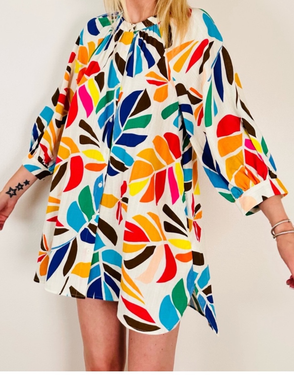 Tabitha Brown x Target  Multicolor Leaf Print Puff Sleeve Tunic Dress Top XL